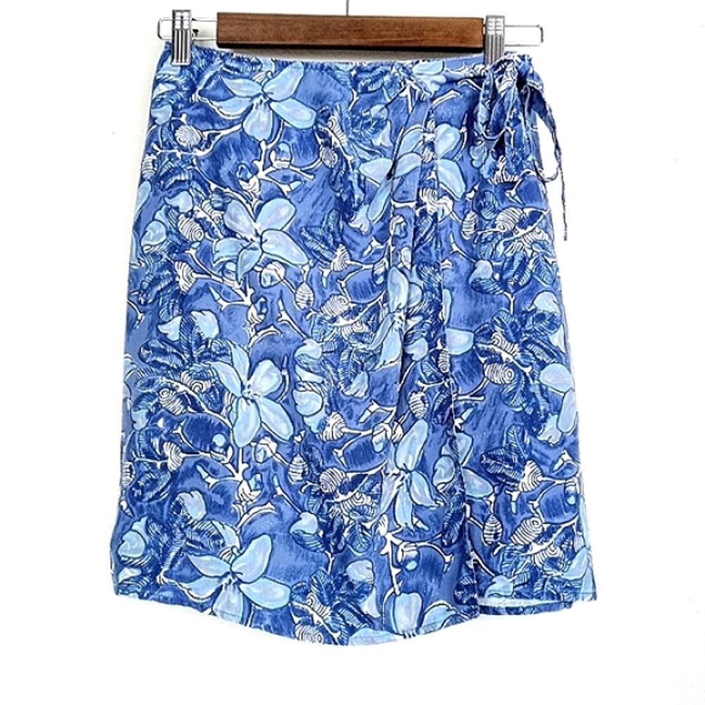 Vintage 90s The Limited Mini Silk Wrap Skirt Blue Floral Self Tie Extra Small